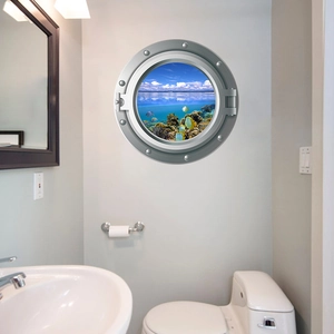 Detailed 3D porthole wall sticker showing a vivid underwater ocean view for home decor