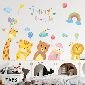 Cartoon animal wall stickers with giraffe, lion and rainbow for children's room decor