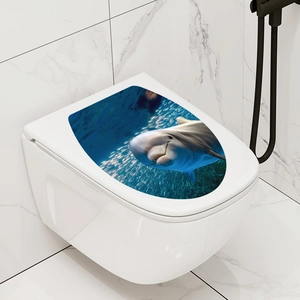 Detailed 3D ocean toilet lid sticker featuring a beluga whale and fish in a white bathroom