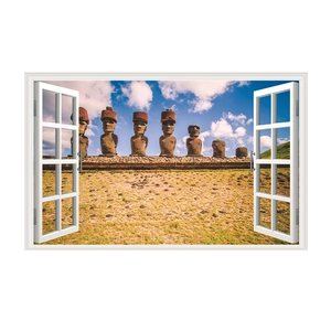 Detailed 3D wall sticker featuring Moai statues of Easter Island through a white window frame