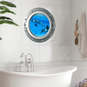 Detailed 3D porthole wall sticker featuring dolphins swimming in the deep blue sea