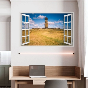 3D wall sticker showing Easter Island statues through a faux window in a bedroom