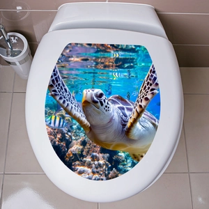 Detailed 3D ocean toilet lid decal featuring a green sea turtle swimming in coral reefs