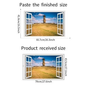Detail of 3D window wall sticker showing Easter Island Moai statues and dimensions