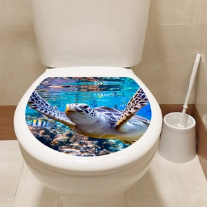Realistic sea turtle and tropical fish underwater coral reef scene toilet seat cover sticker