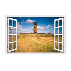 Macro view of 3D fake window wall sticker featuring Easter Island Moai statues scenery