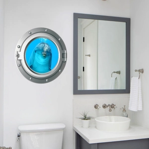 3D porthole wall decal with realistic dolphin design applied in a bathroom setting