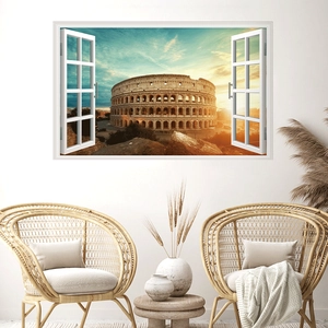 3D wall sticker featuring a realistic Colosseum view through a white window frame
