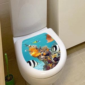 Detailed view of waterproof toilet lid decal with colorful coral reef and tropical fish