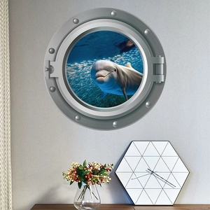 Detailed 3D porthole wall sticker showing a realistic underwater dolphin and fish scene