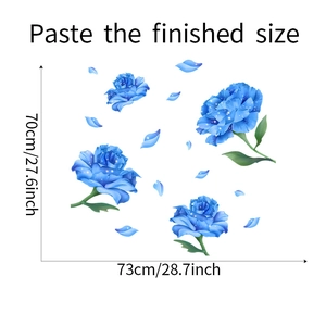 Measurement layout for blue rose wall stickers showing finished size 73x70 cm