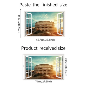 Detail view of 3D Roman Colosseum window wall decal with dimensions and layout specs