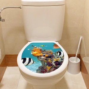Detail of toilet lid sticker with colorful ocean world coral and tropical fish pattern