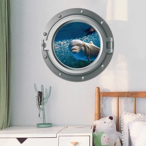 3D porthole wall sticker with dolphins ocean scene and silver metallic frame details