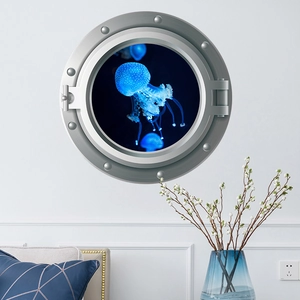 3D porthole wall sticker featuring glowing blue jellyfish for modern home interior decor
