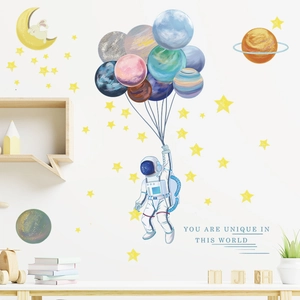 Cartoon astronaut and moon stars wall decals for kids room with You Are Unique lettering