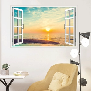 Detail view of 3D fake window wall sticker featuring a sunset beach landscape for home decor