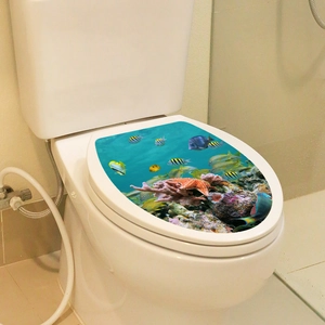 Detailed view of ocean life toilet lid sticker with colorful tropical fish and corals