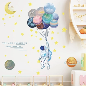 Cartoon astronaut and colorful planets wall stickers for kids nursery room decoration