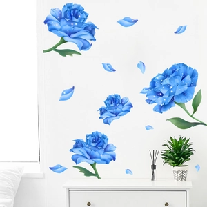 Elegant blue rose wall decals for bedroom and living room decor on a white wall