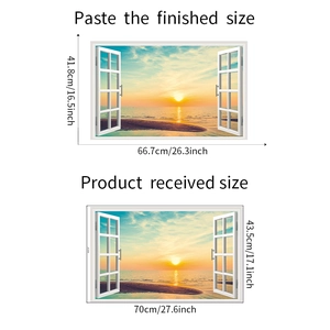 Detailed wall sticker size chart showing realistic sunset beach ocean view faux window dimensions