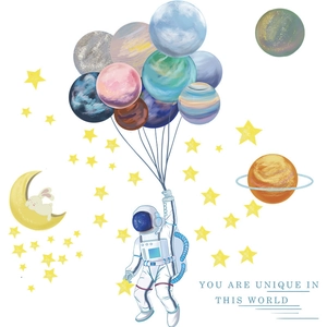 Cartoon astronaut wall stickers with moon and stars for kid room home wall decor