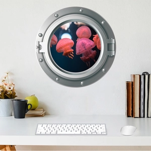 3D porthole wall decal featuring pink jellyfish in deep blue sea for home decoration