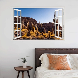 3D window wall sticker featuring a realistic desert cactus landscape for home decor