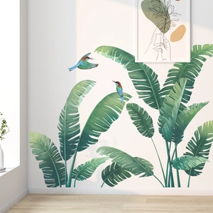 Tropical green monstera leaves and birds wall sticker for modern home living room decor