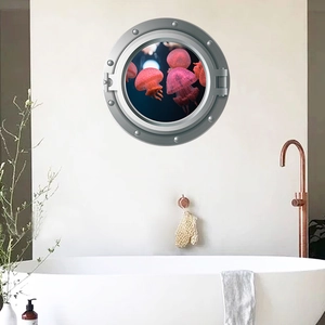 3D porthole wall decal with red jellyfish deep sea scenery for modern bathroom decor