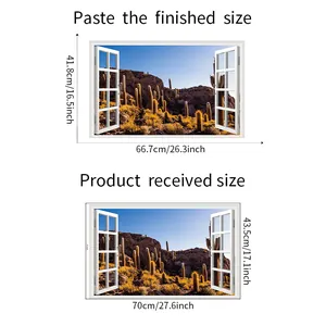 Size chart for 3D desert cactus fake window wall sticker showing dimensions in cm and inches