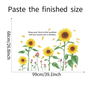 Détail des stickers muraux tournesols avec citation montrant les dimensions de 99x68cm sur blanc