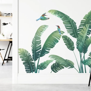 Tropical monstera leaves and colorful kingfisher birds wall stickers for home decoration