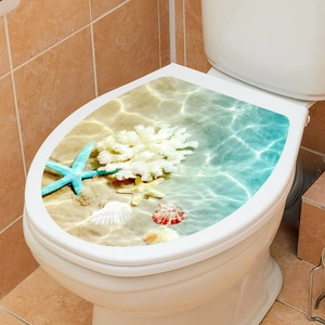 Realistic ocean beach toilet lid sticker with 3D starfish and coral detail on tile background