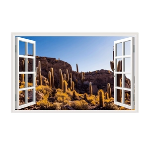 Detailed 3D wall sticker showing a desert cactus landscape through a white window frame
