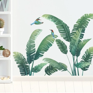 Tropical green banana leaf wall stickers with colorful birds for home wall decoration