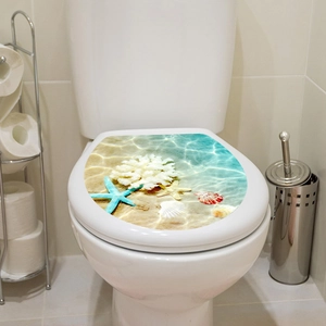 Waterproof 3D ocean toilet lid sticker featuring coral, starfish, and shells on beach