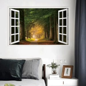 3D faux window wall decal featuring a deep autumn forest path for cozy bedroom decor