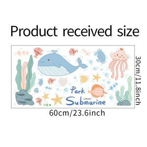 Detailed sheet of cartoon ocean wall stickers showing whales and jellyfish, size 30x60cm