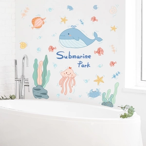 Cartoon ocean world wall decals with blue whale, jellyfish and sea plants for bathroom decor
