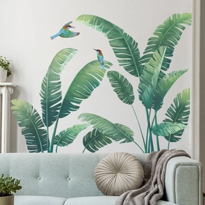 Tropical Green Plant Monstera Leaf Wall Stickers With Birds Removable PVC Wall Decals For Living Room Bedroom Home Decor