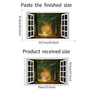 Detailed size guide of a 3D forest fake window wall sticker with layout dimensions