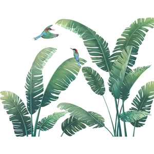 Tropical green monstera leaf wall stickers with colorful birds for home wall decor