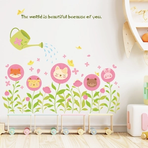 Stickers Muraux Animaux Dessin Animé Fleurs Souriantes Décoration Chambre Enfant PVC Imperméable Arrosoir Papillon