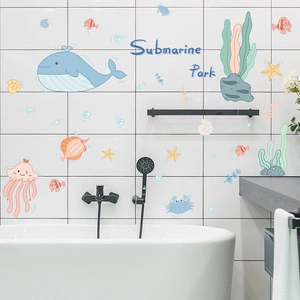 Cartoon ocean world wall sticker with whales and jellyfish for bathroom decor