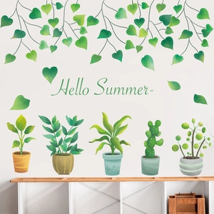 Fresh green succulent plants wall stickers with Hello Summer text for home decoration