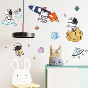 Cartoon astronaut and rocket spaceship wall stickers set for nursery room decor