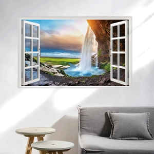 Detailed 3D window view wall sticker featuring a lush waterfall and green landscape