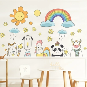 Cartoon animal wall decals with sun, rainbow, and clouds for nursery room decor