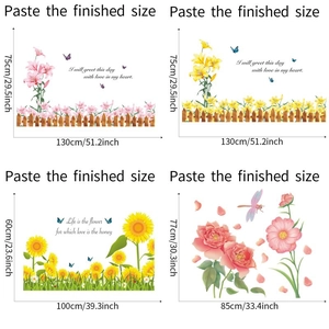 Detail showing dimensions of sunflower and lily wall decals with floral garden fence
